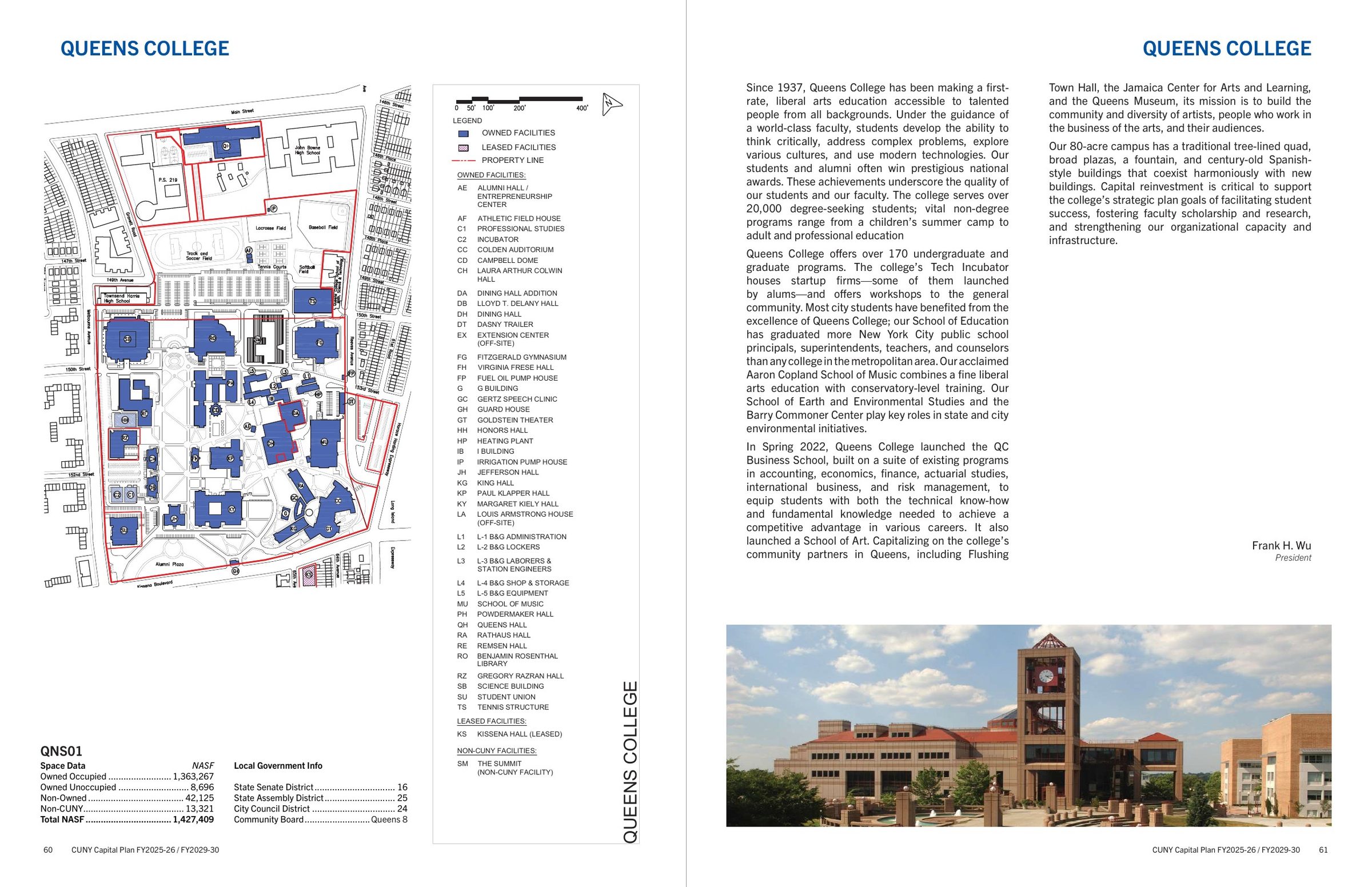 Queens College campus profile: site map, facility legend, sp
